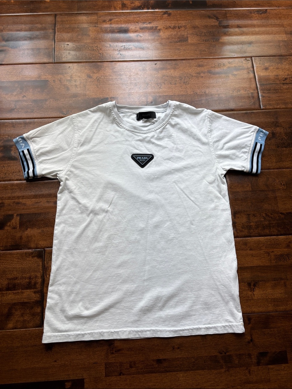 Prada White Short-Sleeve T-Shirt with Blue Trim